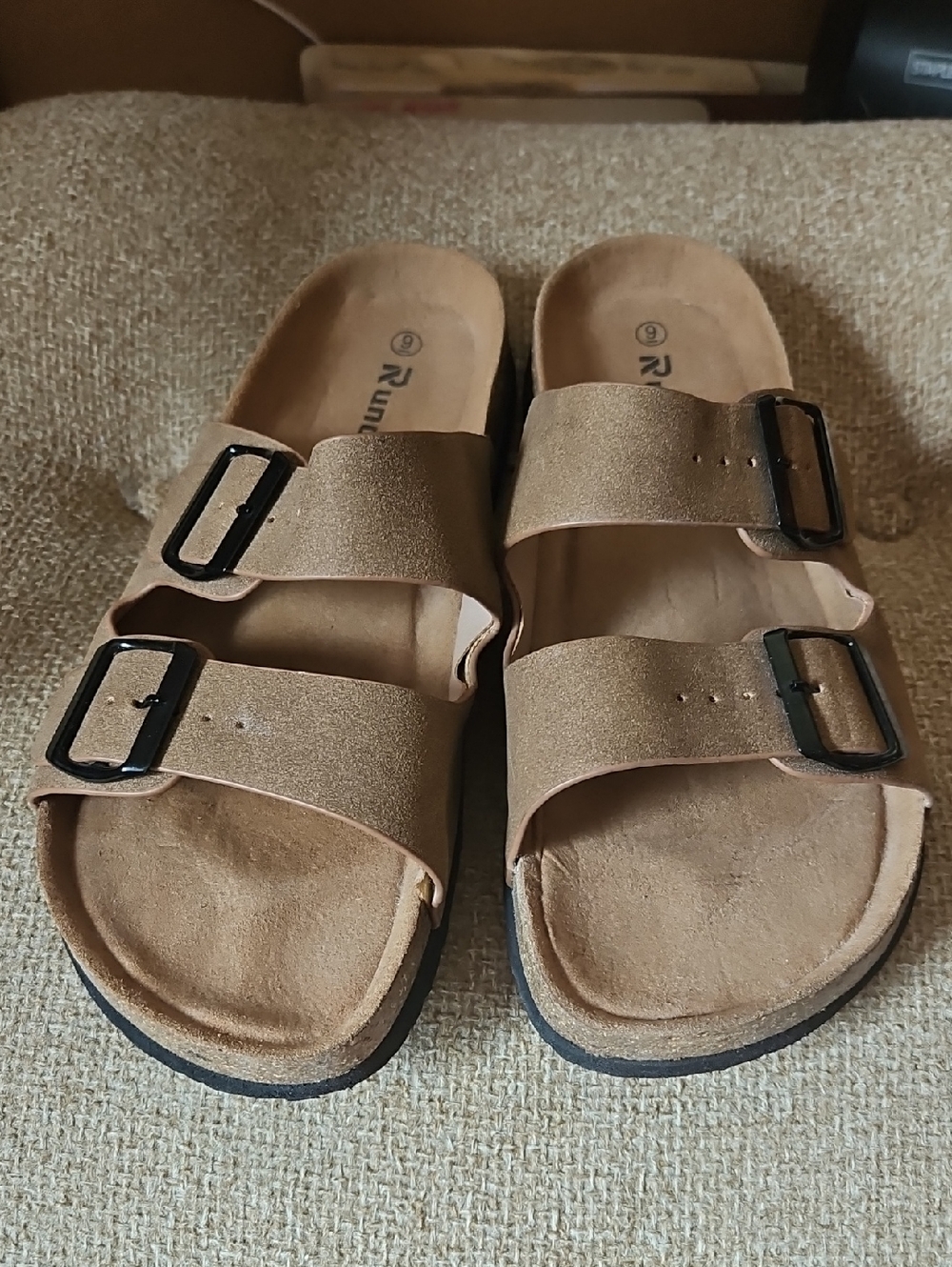 NWOT Double Strap Suede Slide Sandals in Light Brown with Black Buckles